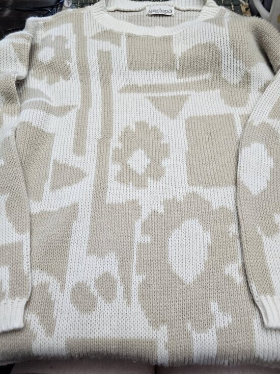 Garland Sweaters - Garland Tan White Vintage Knit Sweater USA Made Women's Large Geometric Pattern